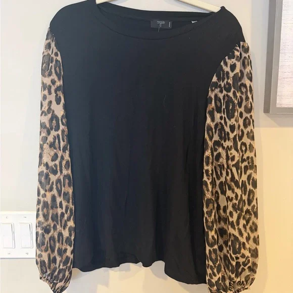 Tahari Black Top with Leopard Print Sleeves - Picture 2 of 3